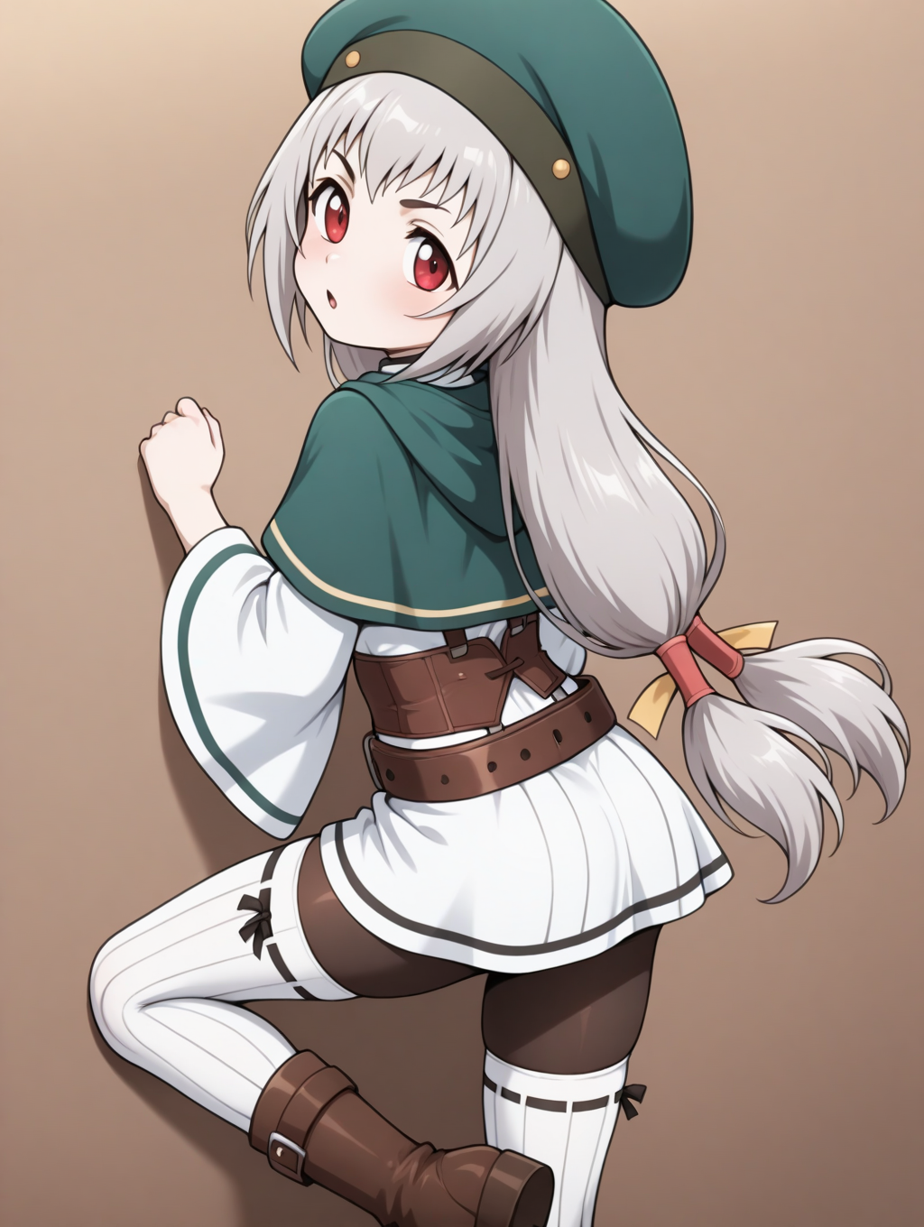 perfect quality,best quality,absolutely eye-catching,ambient occlusion,raytracing BREAK
1girl,<lora:rumina IL v1.2:0.8>,rumina,grey hair,low-tied long hair,twintails,green hat,red eyes,green capelet,white dress,wide sleeves,belt,pantyhose,(vertical stripes white thighhighs:1.2),boots,suspenders,brown corset,suspenders,ribbon-trimmed thighhighs,from behind,