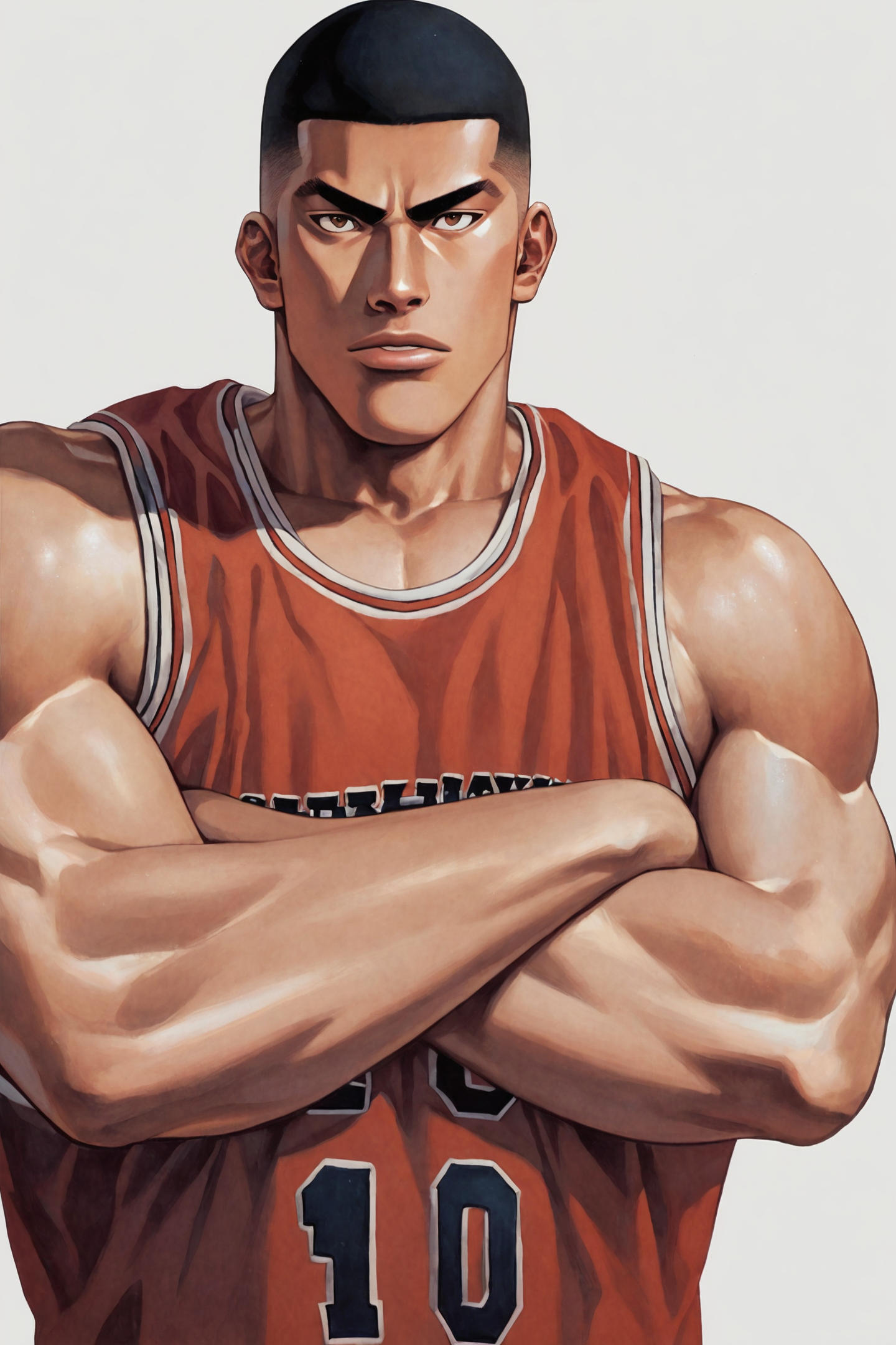 score_9,score_8_up,score_7_up,masterpiece,best quality,
Akagi Takenori,1boy,male focus,solo,basketball uniform,sportswear,white background,crossed arms,muscular,simple background,manly,traditional media,bald,black hair,upper body,looking at viewer,basketball,clothes writing,
<lora:Inoue Takehiko_XL_PONY:1>,