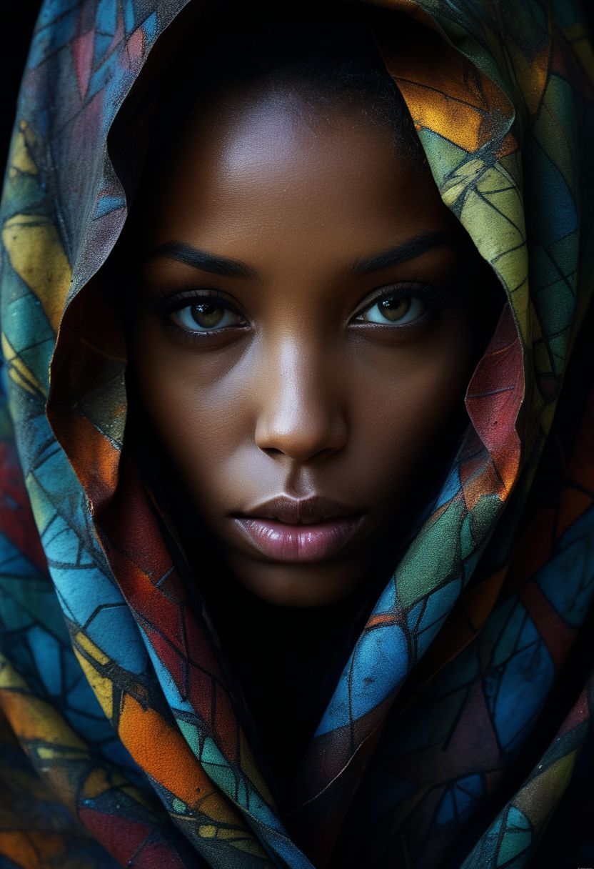 Close-up face, mysterious silhouette of an exotic coloured girl in worn down cape, goddess, alluring, by Minjae Lee, Carne Griffiths, Emily Kell, Steve McCurry, Geoffroy Thoorens, Aaron Horkey, Jordan Grimmer, Greg Rutkowski, amazing depth, double exposure, surreal, geometric patterns, intricately detailed, bokeh,  perfect balanced, deep fine borders, artistic photorealism , smooth,  great masterwork by Suiras  <lora:add-detail-xl:2>  <lora:Double_Exposure:0.5>