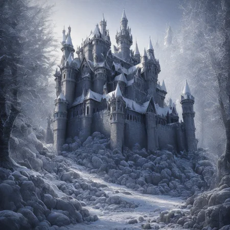 prefect lighting,very aesthetic,,best quality, intricate details,highly detailed background,high quality, masterpiece,best quality,ultra-detailed, no humans, scenery, winter, castle, trees, rocks