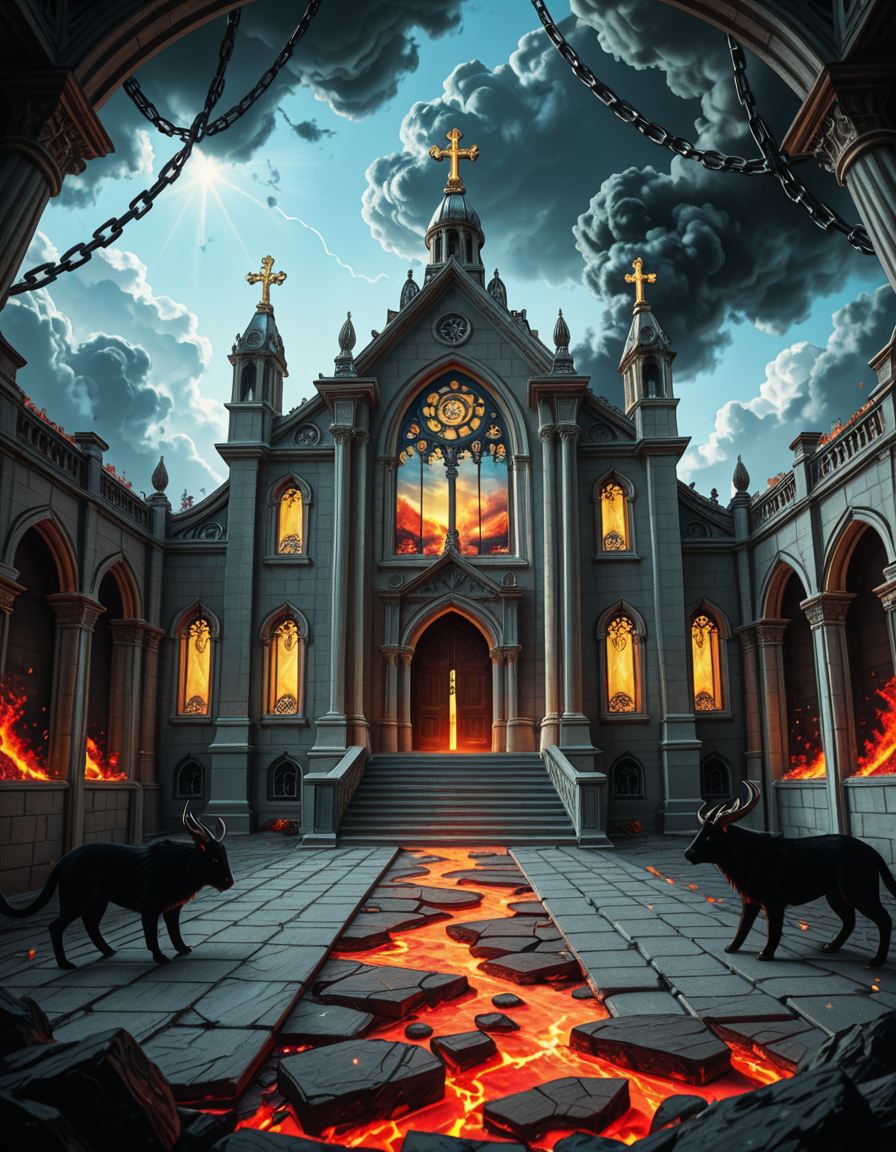 A once-majestic celestial temple, now under siege by the forces of Hell. The grand white stone structure is cracked and scorched, its golden crosses twisted and broken. The stained-glass windows, once glowing with warm divine light, are now shattered, with demonic symbols glowing ominously in their place. The sky, once a serene blue, is now consumed by dark storm clouds, swirling with red lightning and thick smoke.
Black, jagged chains extend from the sky, wrapping around the temple as if trying to pull it down into the abyss. The once-fluffy clouds beneath the structure are now a chaotic mix of fire, ash, and dark mist, with glimpses of molten lava cracks below. Infernal creatures with glowing red eyes lurk in the shadows, their silhouettes barely visible through the smoke and fire.
The temple doors are blown open, revealing an eerie red glow emanating from within, as if Hell itself is consuming the sacred space. Massive demonic runes are etched into the stone, pulsating with an unholy energy. The entire scene is bathed in a deep crimson and orange glow, giving it an apocalyptic and nightmarish atmosphere.
Style & Lighting:
- Dark fantasy, highly detailed
- Dramatic, high-contrast lighting with fiery glows
- Cinematic composition, epic scale
- Strong use of shadows, embers, and atmospheric foghighly detailed and atmospheric view from inside a massive birdcage, large enough for a human to stand inside. The cage is made of ornate, aged metal bars with intricate Victorian-style patterns, curving elegantly towards the domed ceiling. Sunlight filters through the gaps between the bars, casting long, dramatic shadows on the wooden floor. Delicate vines and small flowers have begun to grow around the bars, adding a touch of nature reclaiming the space. The background beyond the cage is blurred, hinting at a lush garden or a mysterious, abandoned mansion. The ambiance is serene yet slightly melancholic, with warm golden light illuminating dust particles floating in the air. Soft feathers are scattered on the floor, adding to the sense of quiet abandonment. The perspective makes the viewer feel as if they are inside the cage, looking outward, surrounded by both beauty and confinement. The style is highly detailed and realistic, with a cinematic and slightly surreal atmosphere.
<lora:SDXLFaeTastic2400:0.4> <lora:extremely_detailed:0.4> extremely detailed 
<lora:evil_celestial_t3mpl3-i:1> evil celestial t3mpl3, Masterpiece,best quality,hi res,8k,hi res,8k,award winning,(sharp focus, intricate, highly detailed),
