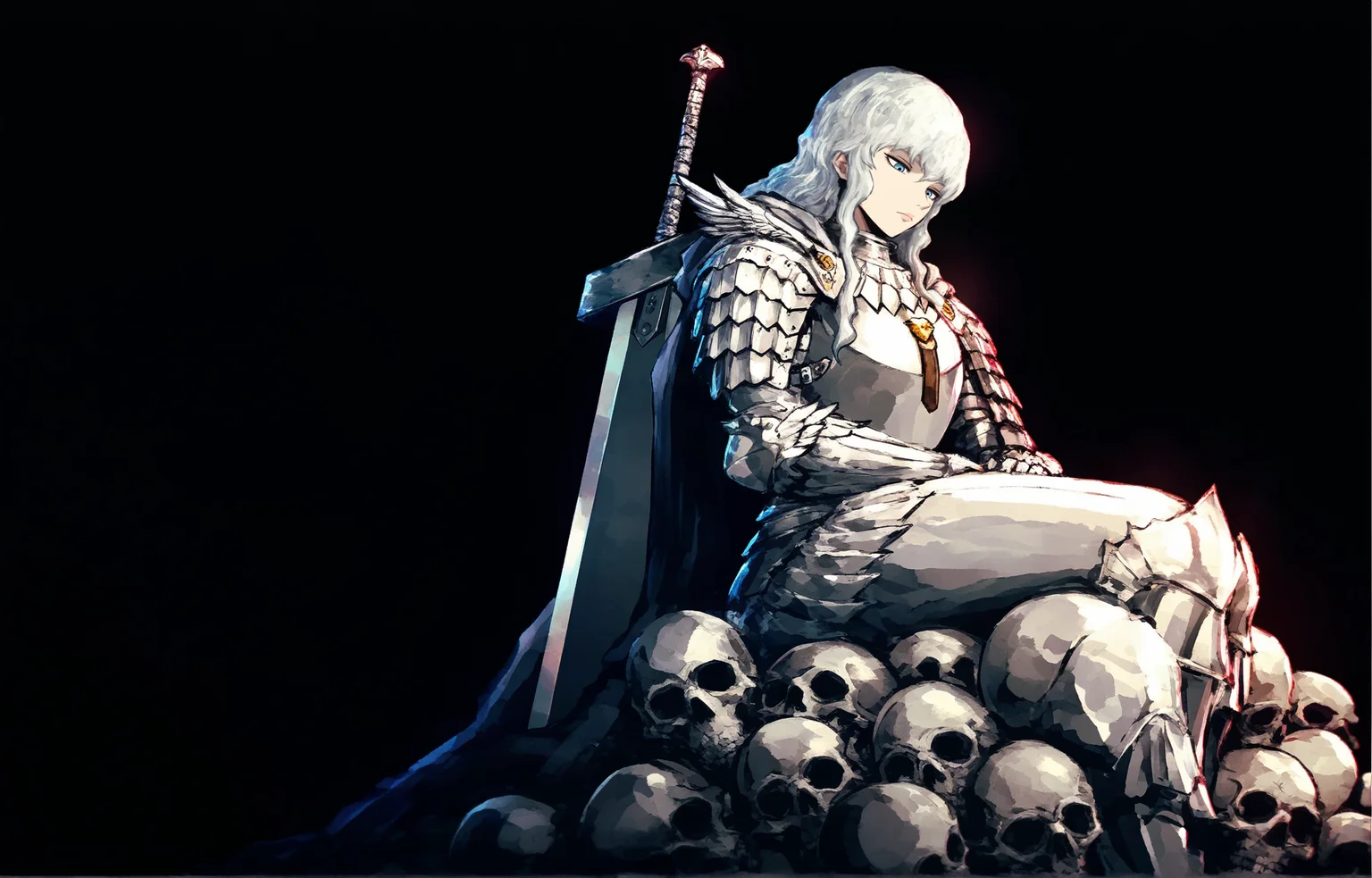 2boys, artist:k-suwabe, masterpiece, best quality, dark background
BREAK
from behind, upper body, 1boy, guts \(berserk\), muscular, scars, sword on back, dragonslayer \(sword\) on back,
BREAK
full body, 1boy, griffith \(berserk\), armor, emotionless, looking down, sitting on pile of skulls