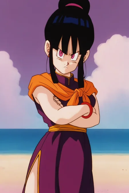 source_anime, score_9, score_8_up, score_7_up, anime screencap,8k, absurd res,
chi-chi, possessed, 1girl, solo, looking at viewer, bangs, black hair, dress, jewelry, closed mouth, standing, purple eyes, sidelocks, boots, outdoors, sky, sleeveless, day, cloud, blunt bangs, hair bun, anime coloring, bracelet, blue sky, v-shaped eyebrows, sash, feet out of frame, ocean, frown, beach, crossed arms, single hair bun, cloudy sky, wristband, red footwear, purple dress, side slit, serious, sand, horizon, orange neckerchief, 1990s \(style\), orange sash, pink legwear, retro artstyle
<lora:chichiDBZ_pony_v1:0.8>