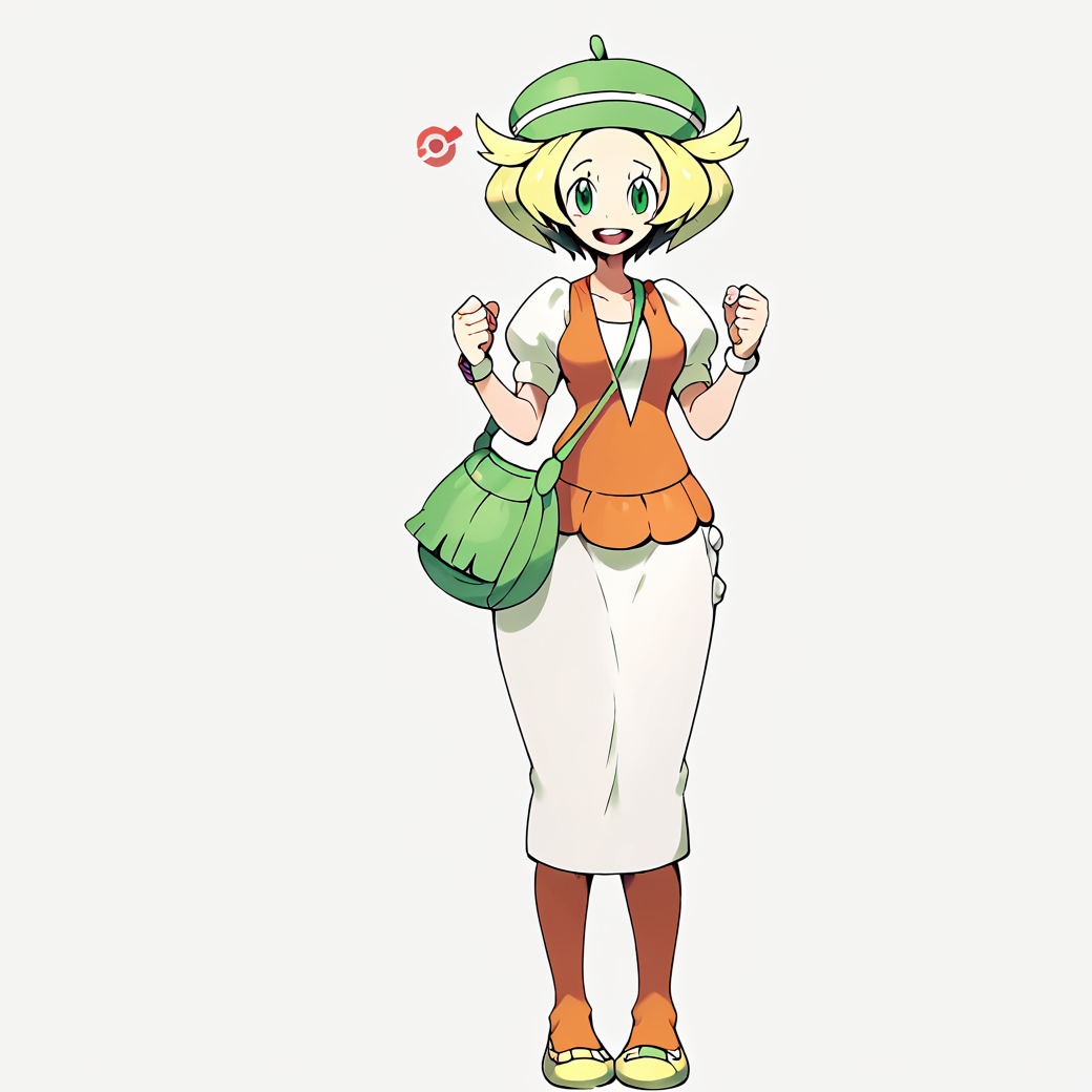 score_9, score_8_up, score_7_up, score_6_up, score_5_up, score_4_up,  <lora:Bianca_Pokemon_BW1:1>, bianca \(pokemon\), 1girl, solo, breasts, looking at viewer, smile, open mouth, skirt, simple background, hat, white background, dress, standing, full body, :d, pantyhose, bag, white skirt, clenched hands, handbag, green headwear, pigeon-toed, poke ball symbol, orange pantyhose, green eyes, blonde hair, beret, puffy short sleeves, short hair