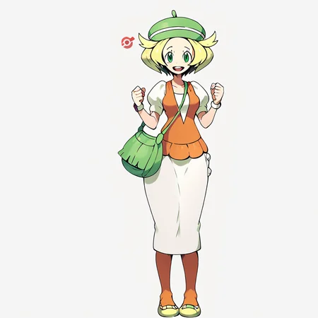 score_9, score_8_up, score_7_up, score_6_up, score_5_up, score_4_up, <lora:Bianca_Pokemon_BW1:1>, bianca \(pokemon\), 1girl, solo, breasts, looking at viewer, smile, open mouth, skirt, simple background, hat, white background, dress, standing, full body, :d, pantyhose, bag, white skirt, clenched hands, handbag, green headwear, pigeon-toed, poke ball symbol, orange pantyhose, green eyes, blonde hair, beret, puffy short sleeves, short hair