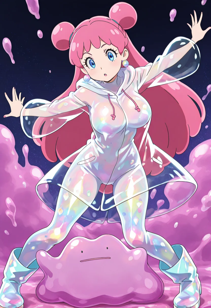 masterpiece, best quality, 1girl, solo, eyelashes, (beautiful eyes), dynamic pose, anime screencap, large breasts, zzDitto, 1girl, solo, long bubblegum pink hair, jelly-like twin buns, transparent raincoat, glossy bodysuit, iridescent tights, goo-shaped earrings, pastel platform boots, standing inside a chrome room filled with warped mirrors. ,<lora:DittoPokedex_IXL_v1:1.0>,