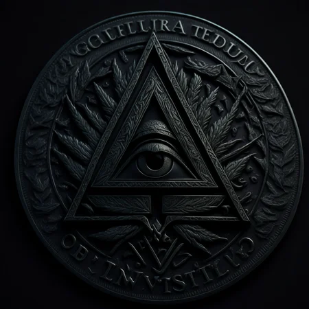top down view macro photo of a metal coin with illuminati logo, triangle, intricate engraving, all seeing eye, mystical colours, black background