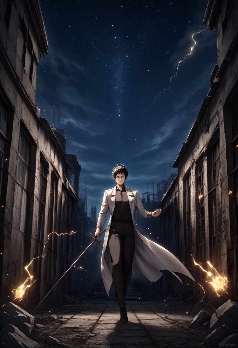 KimDokja, brown eyes, black hair, short hair, Kim clothes, smiling, holding a book in one hand and a sword in the other, sparks of electricity jumping in the background, detailed eyes, full body shot, night, starry sky, beautiful sky, detailed background, abandoned city, ruins, ((detailed face)), 
He wields a glowing, celestial sword,