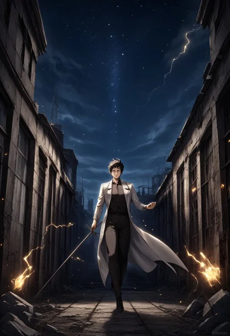 KimDokja, brown eyes, black hair, short hair, Kim clothes, smiling, holding a book in one hand and a sword in the other, sparks of electricity jumping in the background, detailed eyes, full body shot, night, starry sky, beautiful sky, detailed background, abandoned city, ruins, ((detailed face)), 
He wields a glowing, celestial sword,
