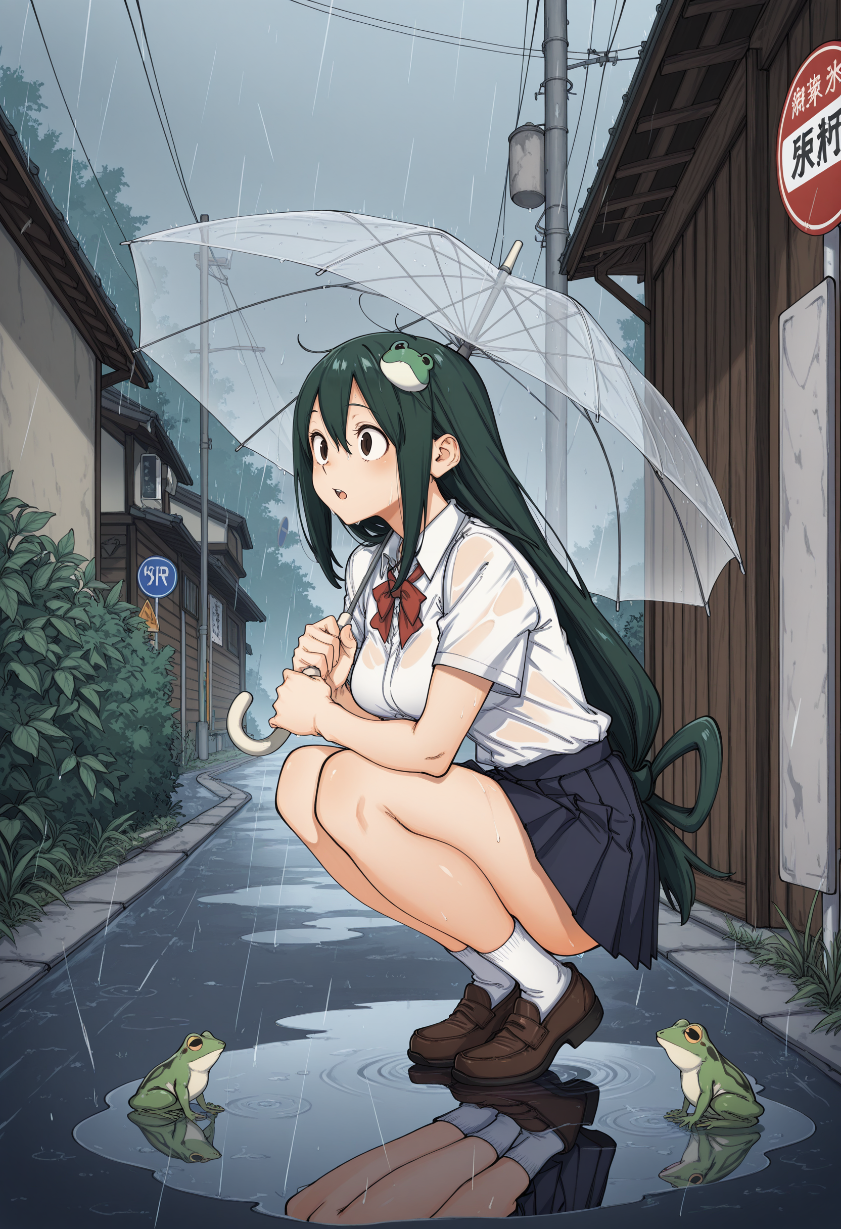 <lora:krohoshisama:1>, kr ohoshisama style,masterpiece, highres, absurdres,amazing quality, best quality, detailed background, 8k, 1girl, tsuyu, asui,breasts,squatting, wide shot,frog,frog hair ornament,green hair,hair ornament,holding,holding umbrella,long hair,open mouth,outdoors,pleated skirt,puddle,rain,road sign,school uniform,shirt,short sleeves,sign,skirt,snake hair ornament,socks,solo,transparent,transparent umbrella,umbrella,very long hair,white shirt,white socks