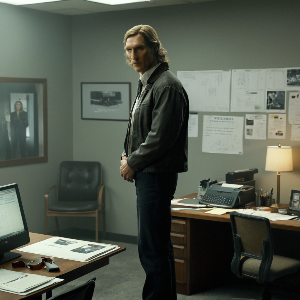 concept art of cinematic film still of  <lora:add-detail-xl:1>0
<lora:detailed:0.3>
<lora:perfection style:0.3>
<lora:xl_more_art-full_v1:0.3>
 <lora:true detective style:1>
Rust Cohle a man standing in a room with a desk and chair,solo,shirt,1boy,jacket,male focus,indoors,hand on hip,facial hair,chair,desk,paper,computer,monitor,office chair , sharp, detailed, epic photography, artistic, dramatic light, cinematic style, film style, 
true detective style, digital artwork, illustrative, painterly, matte painting, highly detailed