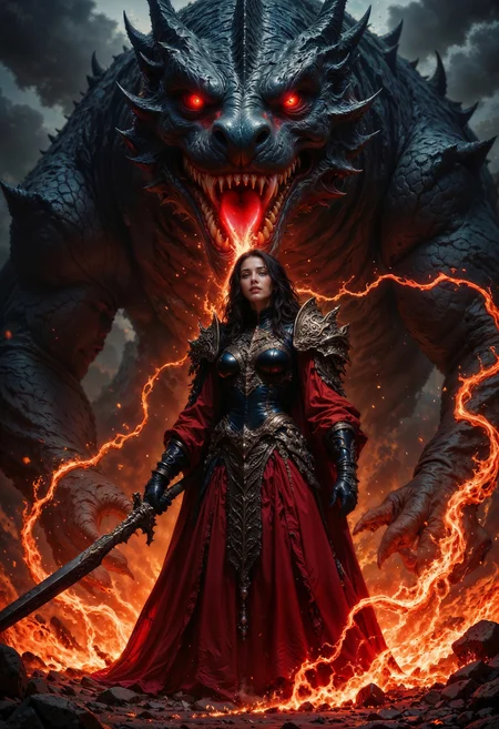 A fierce warrior woman standing confidently in front of a massive, terrifying dragon with glowing red eyes and jagged scales. The dragon’s mouth is open wide, revealing sharp teeth and fiery breath, illuminating the surrounding darkness with a menacing red glow. The warrior exudes strength and command; she wears dark, intricately designed armor and a flowing red skirt, which matches the intense colors around her. Her weapon is a large, black and red sword, crackling with flames, giving her an aura of power. She holds it with one hand, emphasizing her confidence and control in this dangerous scene. The background is filled with dark, smoky clouds, heightening the dramatic atmosphere. Fiery tendrils swirl around her, connecting her to the dragon’s fiery breath, suggesting a mystical bond or shared power. The composition creates a striking contrast between the warrior’s calm, determined expression and the dragon's ferocious, untamed presence, evoking an epic, fantasy battle or alliance between two formidable beings. The overall mood is intense, dark, and powerfully evocative.