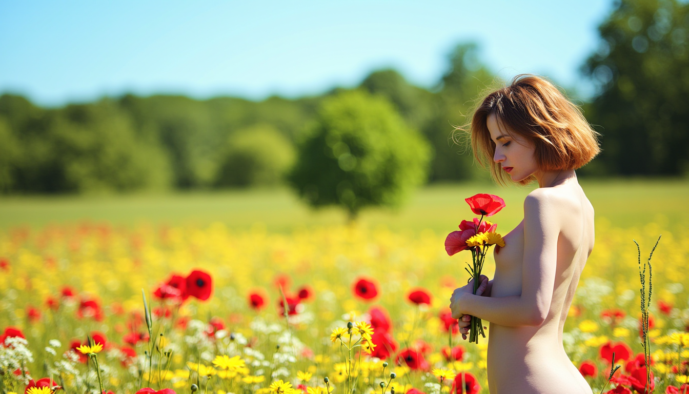 N4tur34rt5. This photograph, taken in a serene, sunlit meadow, features a young, slender, fair-skinned woman with shoulder-length, tousled, auburn hair. She stands completely nude, holding a bouquet of wildflowers in her arms, including vibrant red poppies, yellow daisies, and small white flowers, adding a striking contrast against her porcelain skin. Her small to medium-sized breasts and slender physique are visible, with her arms crossed modestly across her chest, partially obscuring her nipples. Her expression is contemplative, with a soft gaze directed downward, suggesting a moment of introspection or connection with nature. 

The setting is a lush meadow filled with wildflowers of various colors, particularly red and yellow, creating a vibrant, almost kaleidoscope effect under the bright sunlight. The background features blurred, lush green foliage and distant trees, suggesting a rural, natural environment. The sky above is clear and blue, adding to the peaceful, natural ambiance.