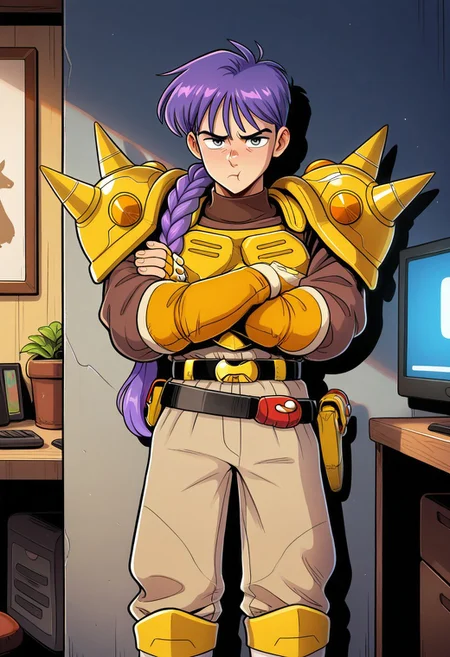 masterpiece, best quality, amazing quality, very aesthetic, absurdres, newest, myroffl3, 1boy, male focus, purple hair, long braided pony tail, spiked pauldrons, yellow armor, brown shirt, yellow fingerless gloves, belt with holster, belt with pouches, beige pants, boots, close up, looking at viewer, arms crossed, (disappointed, pout:1.3), leaning against wall, indoors, computer room