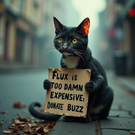 A melancholic, yet captivating scene of a lone cat sitting on a street corner, holding intently a sign that reads "Flux is Too damn Expensive: Donate Some Buzz." The feline is adorned with a vibrant, abstract tattoo on its right ear, showcasing a unique artistic flair. Its eyes are deep-set and filled with a hint of sadness, as if reflecting the complexities of human society and the struggles that come with it. To enhance the mood, the background is shrouded in a soft, hazy atmosphere with muted colors reminiscent of old film reels. The cat's fur is meticulously detailed, with every whisker and individual hair visible, while its ears are delicately styled, adding to its overall charm. In the foreground, the street corner is lined with a collection of trashed-up, vintage signs, juxtaposing the pristine and intricate detailing of the cat. To add further depth to the scene, a faint glow emanates from the cat's eyes, suggesting a mystical connection to the universal energy of the universe. This image evokes a powerful sense of emotional resonance, inviting the viewer to reflect upon the complexities of life, the challenges we face, and the need for understanding and compassion. The ultimate goal of this image is to transport the viewer to a place of reflection, empathy, and unity.