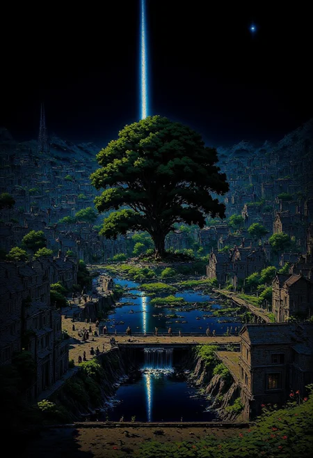 AnimeSky style, anime style, high lighting, Minimalist style city, with an octagon shape and canals that connect in the center of the city, the central focus is a large tree with luminescent leaves and is surrounded by water, which connects to the canals and connects with eight bridges between the canals to the city, it will have some large squares and houses, the sky would be at night where you can see a large galaxy accompanied by some planets.
high quality, best quality, masterpiece, high definition, high resolution