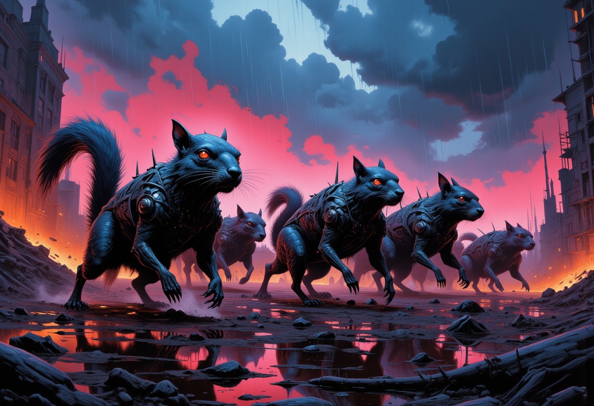 Under the flickering, dramatic lights of a war-torn sky, a horde of cybernetic squirrels emerges from the shadows, marching with terrifying precision. Their bodies glisten with sleek, metallic implants, while their eyes glow a sinister red, cutting through the darkness. In the distance, the last stronghold of humanity stands on the verge of collapse, surrounded by the chaotic remnants of a dystopian city. The scene is filled with dark fantasy and horror elements, as the once playful creatures have become twisted machines of war. The cyberpunk and sci-fi aesthetic creates an intense and colorful backdrop, making the final battle a tragic and electrifying showdown. Inspired by Zdzisław Beksiński, John Berkey, and Mamoru Oshii,dark fantasy,cyberpunk,scifi,ominous,scary art,disturbing,detailed, colorful,vibrant neon colors,mysterious glow,gloss, horror \(theme\),rain,creepy,dread,terror,primal fear,deep contrasting shadows, eerie and foreboding atmosphere, tension and fear building with every step. dramatic lighting,best quality,masterpiece,detailed,professional,centered,