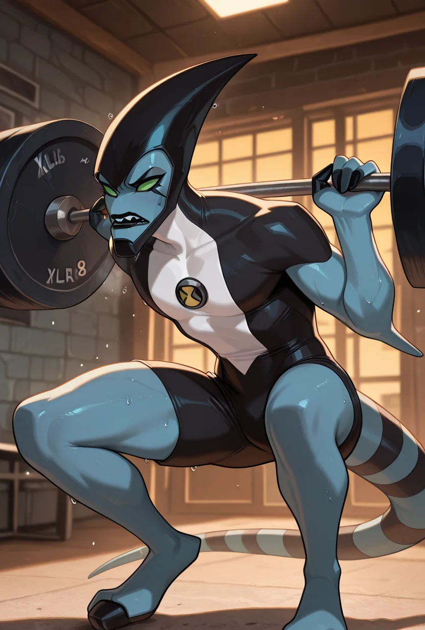 <lora:xlr8-08:1> xlr8, solo, green eyes, blue skin, black lips, stripped tail, 1boy, black mouth strip,, detailed background, <lora:Barbell_Squat:1> barbell squat, sweat,, masterpiece, best quality, amazing quality, very aesthetic, absurdres, newest,