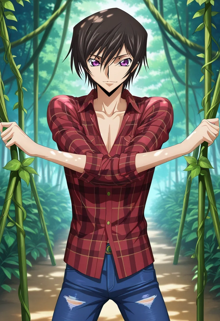 masterpiece, best quality, intricate details, anime screencap, anime coloring, official style, looking at viewer, 1boy, solo, male focus, <lora:lelouch_lamperouge_ilxl:0.96>, lelouch_lamperouge, black hair, purple eyes, hair between eyes, bangs, short hair, , , jungle canopy, vine bridges, glowing flora, misty overlooks, swinging pose, playful expression, dappled sunlight, Golf pants, Flannel Abstract Western denim shirt, , Mohawk,