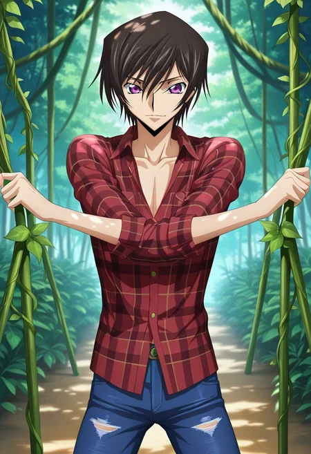 masterpiece, best quality, intricate details, anime screencap, anime coloring, official style, looking at viewer, 1boy, solo, male focus, <lora:lelouch_lamperouge_ilxl:0.96>, lelouch_lamperouge, black hair, purple eyes, hair between eyes, bangs, short hair, , , jungle canopy, vine bridges, glowing flora, misty overlooks, swinging pose, playful expression, dappled sunlight, Golf pants, Flannel Abstract Western denim shirt, , Mohawk,