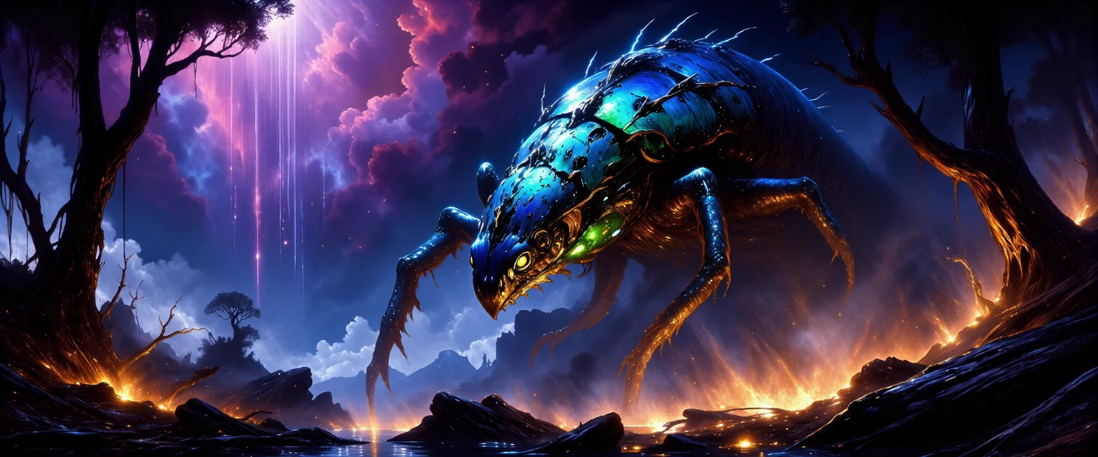 (dramatic scene:1.3), (fractal art:0.3), old masters oil painting, dynamic angle, this (bioluminescent beast:1.3), the "powerful hammerlumin" with its iridescent hide hunts ripturbined (colorful insects:1.2) in the vibrant primeval forests on planet "underball ii", its trobberdaffled body casting a soft, pulsing glow on the vorblyborked surroundings, extremely detailed and intricate background, poisoncore, style of anato finnstark, <lora:style-promptcore-poison-flux-by_darkdescent:0.72> <lora:style-anato_finnstark-flux-by_tangbohu:0.76> <lora:style-fantastic_landscapes-flux-by_artifyai:0.6> <lora:image_enhancer-flux-by_dever:0.8>