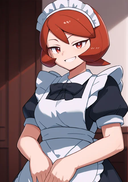 score_8_up, score_7_up, score_6_up, score_5_up, score_4_up, anime screenshot
<lora:abmayoPDXL:1>
<lora:Arezu (Autism SDXL)-000009:0.8> 1girl, solo, arezu_(pokemon), short_hair, red_hair, red_eyes, (cowlick:1.1)
maid, maid headdress, maid apron, grin