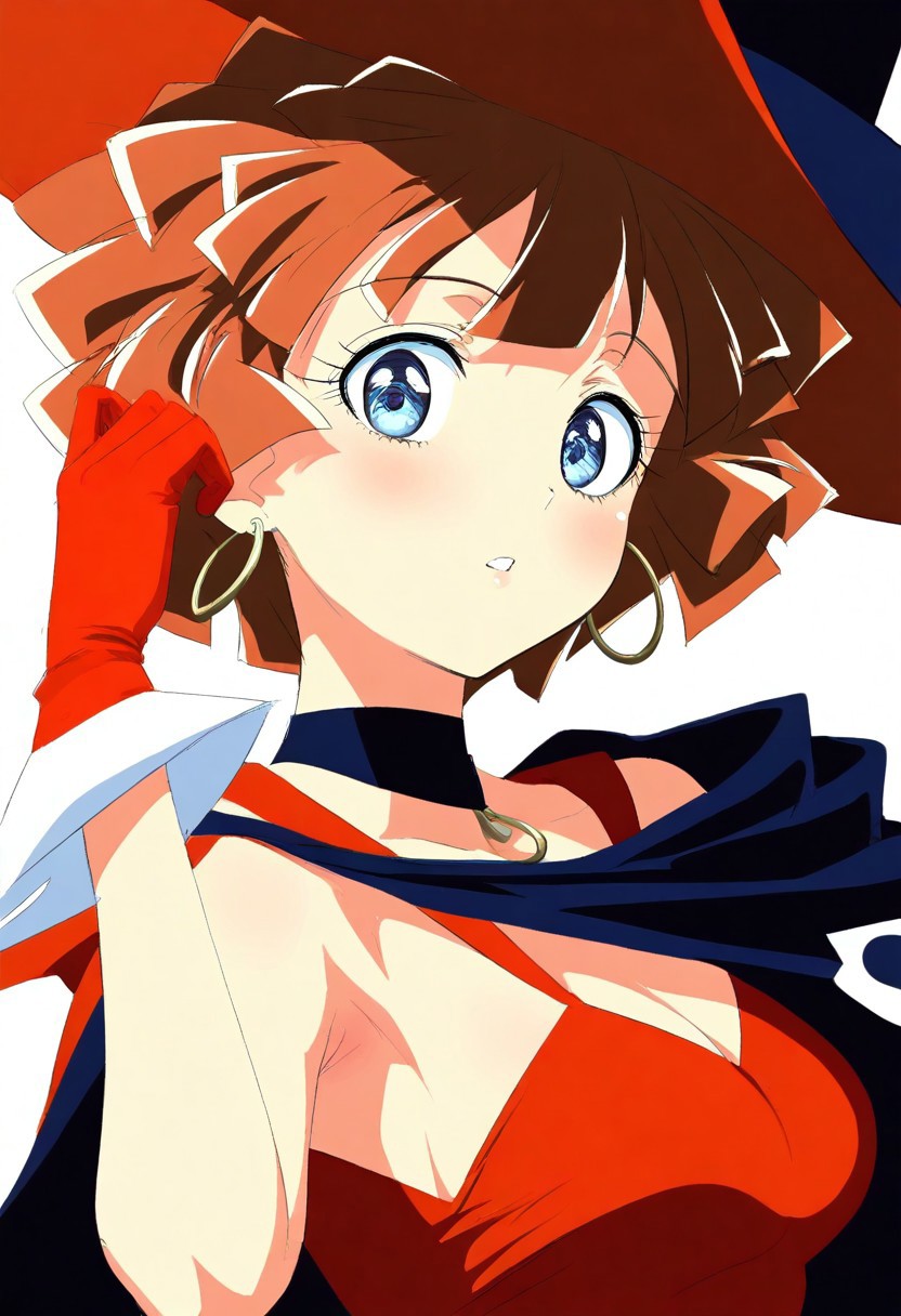masterpiece,best quality,newest,extremely detailed,highres, absurdres, amazing quality,
sae963, 1girl, short hair, brown hair, blue eyes,
SAEWIT, witch hat, earrings, gloves, cape, choker, red gloves, hoop earrings, red dress,Mahoutsukai_Tai,