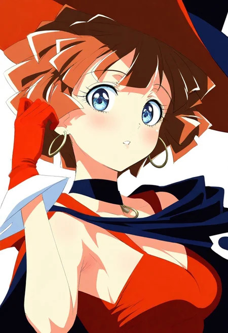 masterpiece,best quality,newest,extremely detailed,highres, absurdres, amazing quality,
sae963, 1girl, short hair, brown hair, blue eyes,
SAEWIT, witch hat, earrings, gloves, cape, choker, red gloves, hoop earrings, red dress,Mahoutsukai_Tai,