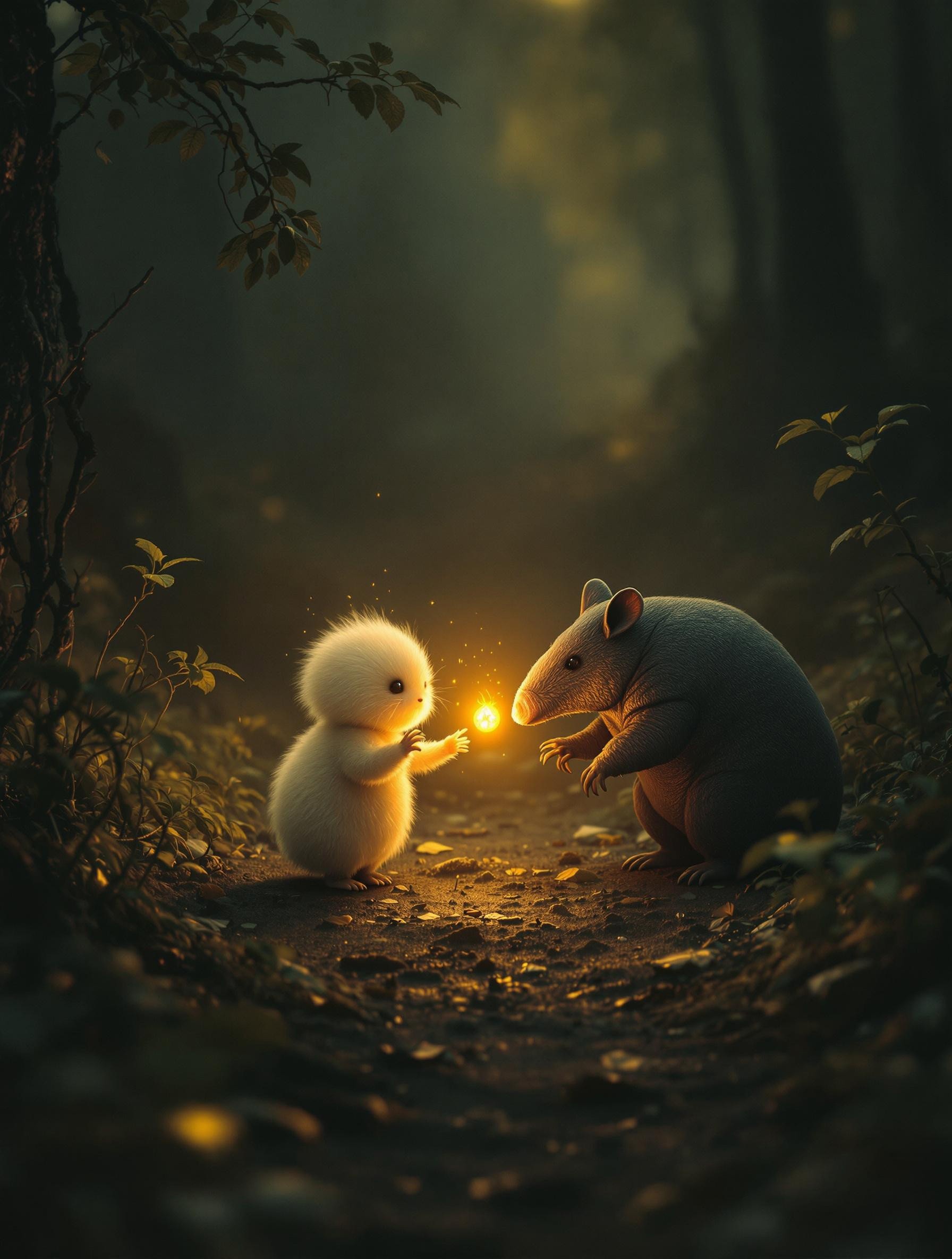 An enigmatic composition bathed in soft, diffused light, blending whispers of surrealism and melancholia. The scene unfolds in a cinematic atmosphere where subtle textures and delicate grains add depth, while the interplay of light and shadow enhances the quiet intensity of the moment. A subdued color palette merges with ethereal haze, evoking a dreamlike quality and timeless stillness. The central subject –On a quiet forest path bathed in golden light, a small glowing fluffy creature with radiant eyes holds a pulsating glowing fruit in its tiny paws, offering it to an armadillo. The armadillo hesitates, leaning slightly back, its claws raised as if unsure whether to accept. The scene is tranquil, with warm light accentuating their gentle interaction.– is delicately framed, their presence balanced between mystery and intimacy. Surrounding elements, rich in symbolic undertones, anchor the narrative in an otherworldly context. Organic details like softly swaying flora or faintly glowing surfaces contrast with stark, haunting figures, creating a juxtaposition that is both poignant and surreal. The composition invites introspection, with negative space amplifying the mood's resonance. Every detail, from the atmospheric depth to the muted highlights, serves to craft an image that feels suspended in an emotional, poetic realm, steeped in quiet nostalgia.
surreal style