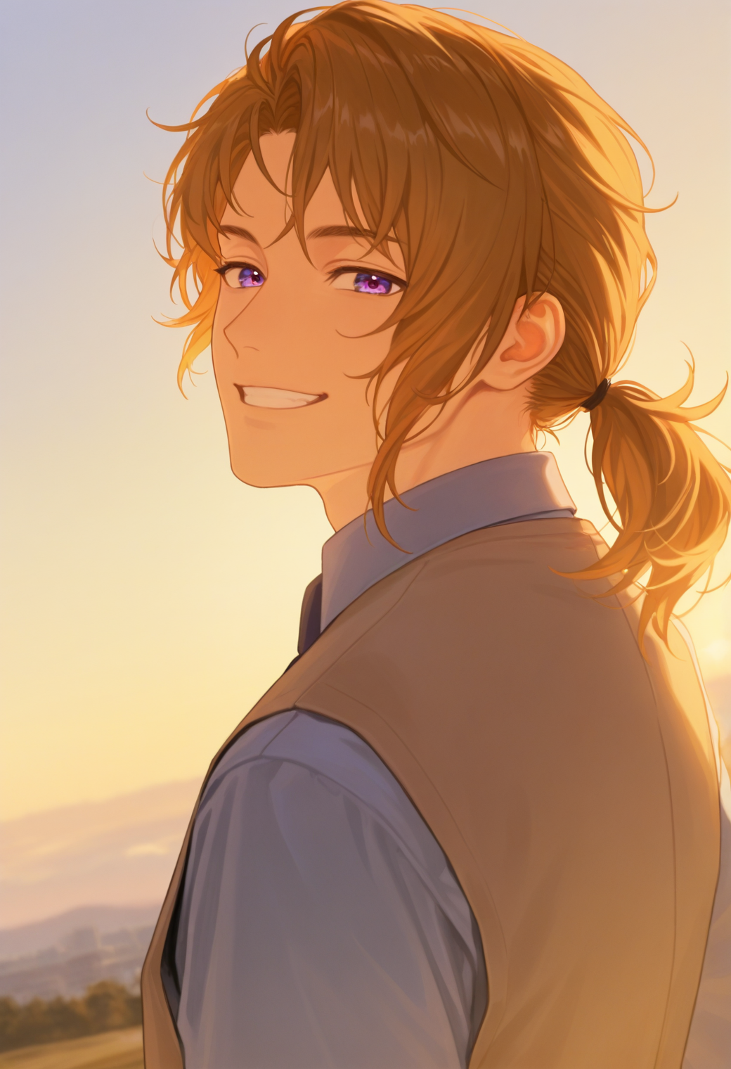 embedding:SmoothNoob_Quality,  1boy, mKjr0, brown_Kjr0_hair, purple_Kjr0_eyes, male focus,  from behind, looking back, looking at viewer, dynamic angle, grin, afternoon, golden hour, Kjr0_suit, vest, grey collared shirt, ponytail,