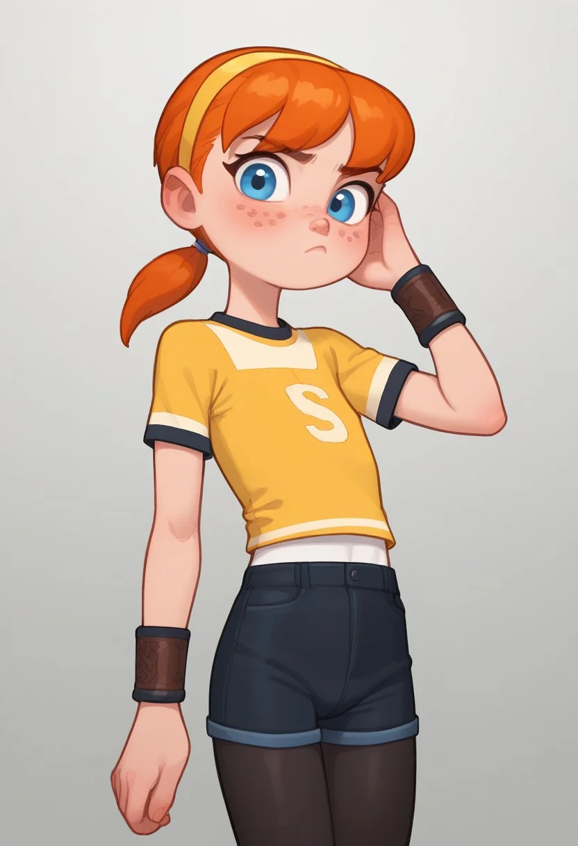 score_9,score_8_up,score_7_up, cute anime girl, big cute eyes, masterpiece,cartoon style, best quality, amazing quality, gradient background, chibifurri, looking at viewer, tsundere,cartoonish, 1 girl, skinny bodyflat chest, april2012,1girl,solo,blue eyes,freckles,shirt,ponytail,pantyhose,hairband, orange hair,black pantyhose,wristband,