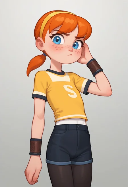 score_9,score_8_up,score_7_up, cute anime girl, big cute eyes, masterpiece,cartoon style, best quality, amazing quality, gradient background, chibifurri, looking at viewer, tsundere,cartoonish, 1 girl, skinny bodyflat chest, april2012,1girl,solo,blue eyes,freckles,shirt,ponytail,pantyhose,hairband, orange hair,black pantyhose,wristband,