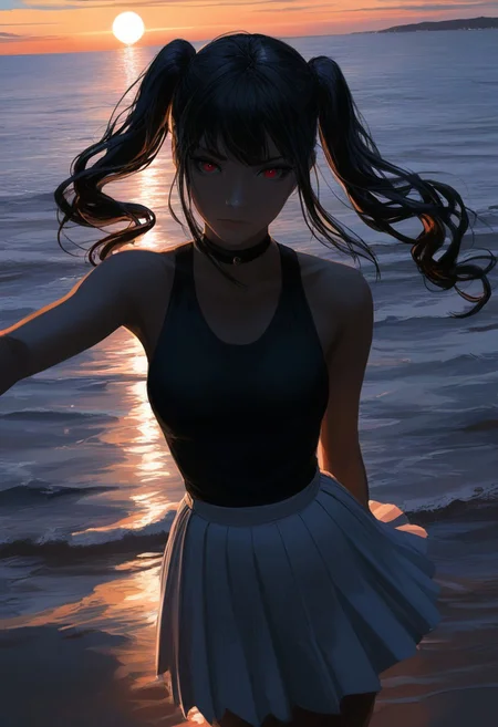 absurdres, gwzs, detailed drawing, masterpiece, best quality, ultra-detailed, high-resolution, 1girl, solo, black hair, red eyes, twin tails, wavy hair, choker, sleeveless black top, white pleated skirt, looking at viewer, sunset lighting, backlight, rim lighting, warm color palette, ocean background, soft glow, cinematic angle, half body, dynamic pose, sunlight reflection, expressive face, serene atmosphere, lens flare