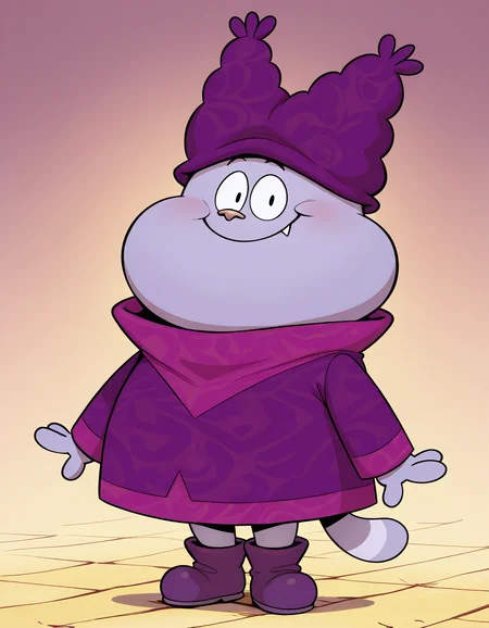masterpiece, official art, best quality, detailed, solo, chowdr, anthro, male, 1boy, anthro, purple fur, purple body, animal nose, fang, tooth, plump, fat, young, purple hat, purple long sleeve shirt, purple boots, standing, looking at viewer, smile