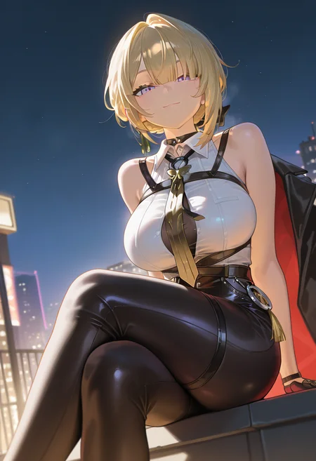 masterpiece, best quality, amazing quality, very aesthetic, absurdres,  newest, 
EBEvelyn, 1girl, solo, looking at viewer, smile, blonde hair, large breasts, brown hair, shirt, gloves, sitting, closed mouth, purple eyes, jacket, white shirt, pantyhose, necktie, sleeveless, black gloves, collared shirt, black jacket, sleeveless shirt, black pants, crossed legs, upper body, outdoors, rooftop, night sky, low angle, 
(colorful), masterpiece, best quality, amazing quality, very aesthetic, absurdres,  newest,   <lora:EvelynChevalierIL-10:1>