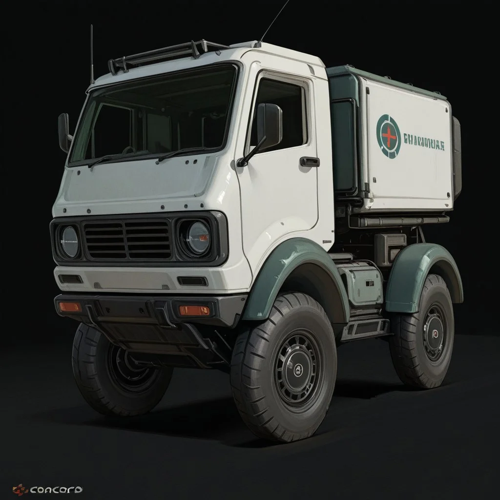 Art_Cad, a green and white truck with a black background, simple background, no humans, black background, ground vehicle, motor vehicle, logo, car, vehicle focus, radio antenna, wheel