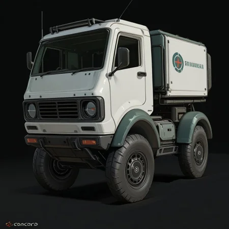Art_Cad, a green and white truck with a black background, simple background, no humans, black background, ground vehicle, motor vehicle, logo, car, vehicle focus, radio antenna, wheel