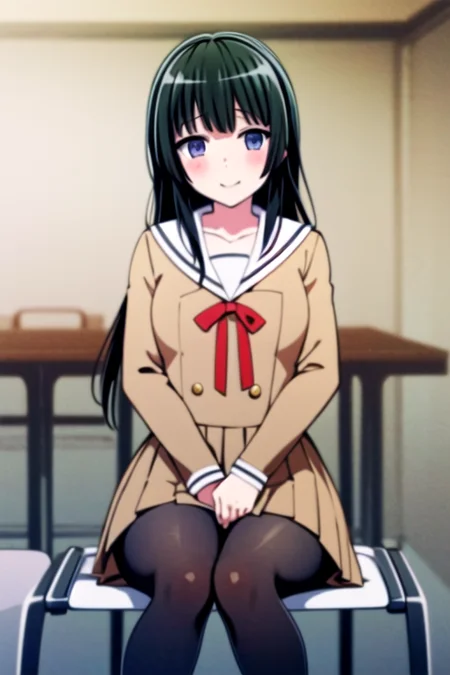 ((masterpiece, best quality)),very detailed, simple eyes,class room,1girl,pantyhose,sitting,medium breasts,<lora:rinko:1>,rinko shirokane ,black_hair, blush, buttons,brown shirt,brown skirt, collarbone, dress, hanasakigawa_school_uniform, facing_viewer, long_hair, long_sleeves, red_ribbon, ribbon, sailor_collar, school_uniform, smile,