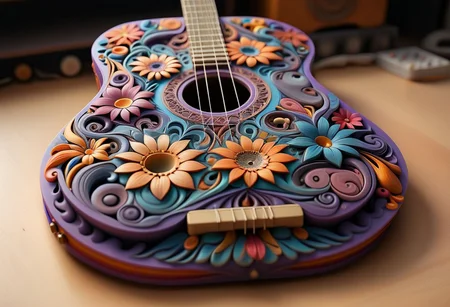Mandala style, 3d mandala pattern on a guitar, flower theme