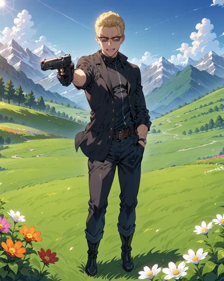 score_9, score_8_up, score_7_up, score_6_up, source_anime, rating_explicit, ah1, best quality, (masterpiece:1.4), (high quality:1.4), sharp focus, 4k, absurd resolution, <lora:albertwesker-guy-PONYv1:0.8> albertwesker, albert wesker, 1boy, solo, blonde, black gloves, sunglasses, belt, pants, black coat, black pants, looking at viewer, toned, athletic, fit, slicked back hair, black turtleneck, zipper, mature male, (graphene textured clothes), black boots, (a vibrant mountain meadow, with colorful blooms, fresh air, stunning vistas, mountain backdrop), bad-hands-5, ((Face with an open mouth and drooling tongue expression)), <lora:xl_more_art-full_v1:0.4>, <lora:shinyskin2:0.3> glistening skin, <lora:aesthetic_anime_v1s:0.4>, <lora:Expressive_H:0.4> Expressiveh, <lora:hairdetailpxl:0.4> hairdetailpxl, <lora:EpicF4nta5yXL:0.4>, <lora:detailxl:0.4> detailxl, <lora:Fant5yP0ny:0.4>, (focused, intense glare), slit pupils, short hair, (reddish orange eyes), <lora:YusufDikecGunPose_pdxl_Incrs_v1:0.8> ((holding weapon, holding gun, handgun, hand in pocket, aiming)), full body, illustration, Volumetric_Lighting, ultra-detailed, very aesthetic, intricate details, absurdres, 8k, masterpiece, best_quality,