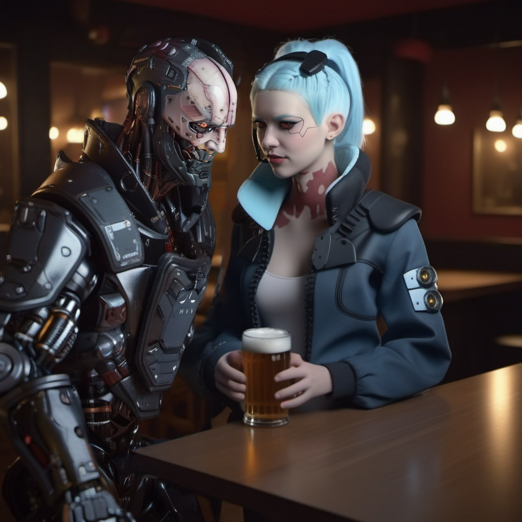 a robot and a woman , having a beer in a pub, highly detailed, photography, ultra sharp, film, bokeh, professional, 64k  <lora:AdamSmasher1024:0.8>