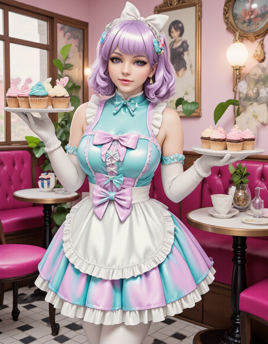 Art by benangbaja featuring a beautiful mature waitress wearing pastel latex maid uniform with a short white waist apron decorated with many latex bow and frills. She has medium pastel hair with a hair ribbon on top. She is also wearing short rubber gloves and platform high heels. She is holding a serving tray with cupcakes in a maid cosplay cafe.
swe3tjsk, pastel anime,
(latex:1.2), indoors, maid cafe, tables, solo,
(shiny glossy latex clothing, gleaming oily latex fabric:1.1), flat chest