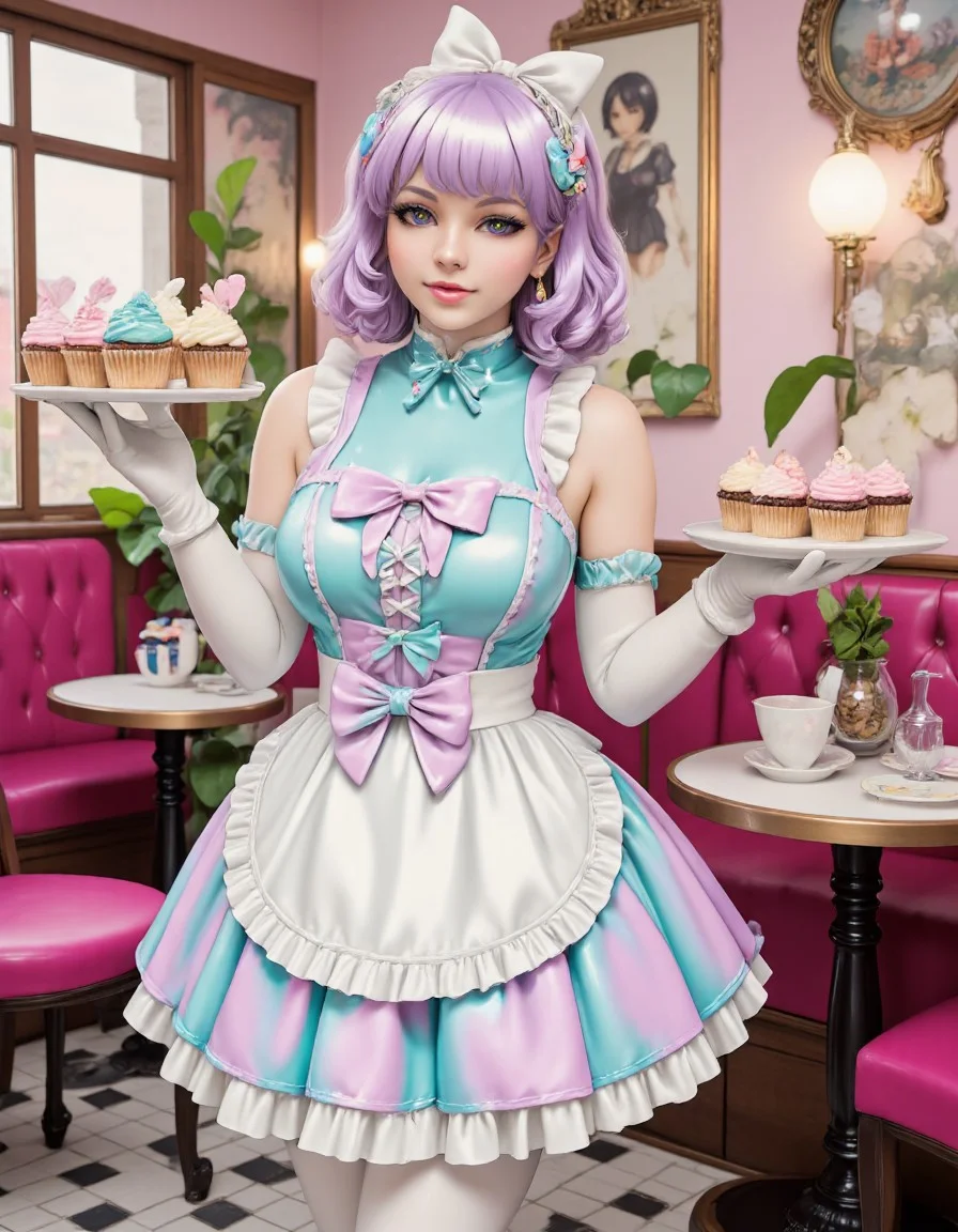 Art by benangbaja featuring a beautiful mature waitress wearing pastel latex maid uniform with a short white waist apron decorated with many latex bow and frills. She has medium pastel hair with a hair ribbon on top. She is also wearing short rubber gloves and platform high heels. She is holding a serving tray with cupcakes in a maid cosplay cafe.
swe3tjsk, pastel anime,
(latex:1.2), indoors, maid cafe, tables, solo,
(shiny glossy latex clothing, gleaming oily latex fabric:1.1), flat chest