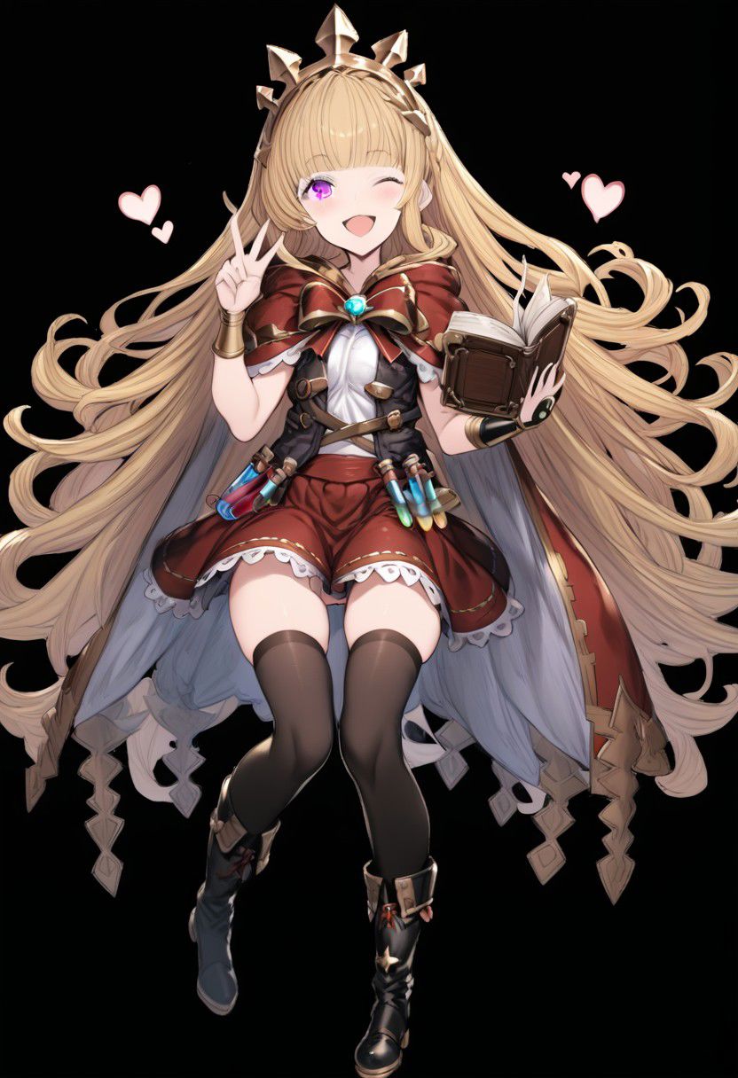 masterpiece, best quality, ultra-detailed, beautiful, nai3, 1girl, solo, full_body, tachi-e, 
cagliostro \(granblue fantasy\), 1girl, ;d, arm guards, black footwear, black thighhighs, blonde hair, blunt bangs, blush, book, boots, bracelet, cape, full body, glowing, heart, holding, holding book, jewelry, knee boots, knees together feet apart, liquid, long hair, looking at viewer, one eye closed, open book, open mouth, purple eyes, red ribbon, red skirt, ribbon, signature, simple background, skirt, smile, solo, test tube, thighhighs, v, very long hair, white background