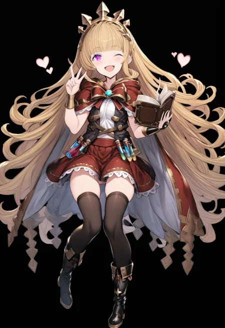 masterpiece, best quality, ultra-detailed, beautiful, nai3, 1girl, solo, full_body, tachi-e, 
cagliostro \(granblue fantasy\), 1girl, ;d, arm guards, black footwear, black thighhighs, blonde hair, blunt bangs, blush, book, boots, bracelet, cape, full body, glowing, heart, holding, holding book, jewelry, knee boots, knees together feet apart, liquid, long hair, looking at viewer, one eye closed, open book, open mouth, purple eyes, red ribbon, red skirt, ribbon, signature, simple background, skirt, smile, solo, test tube, thighhighs, v, very long hair, white background