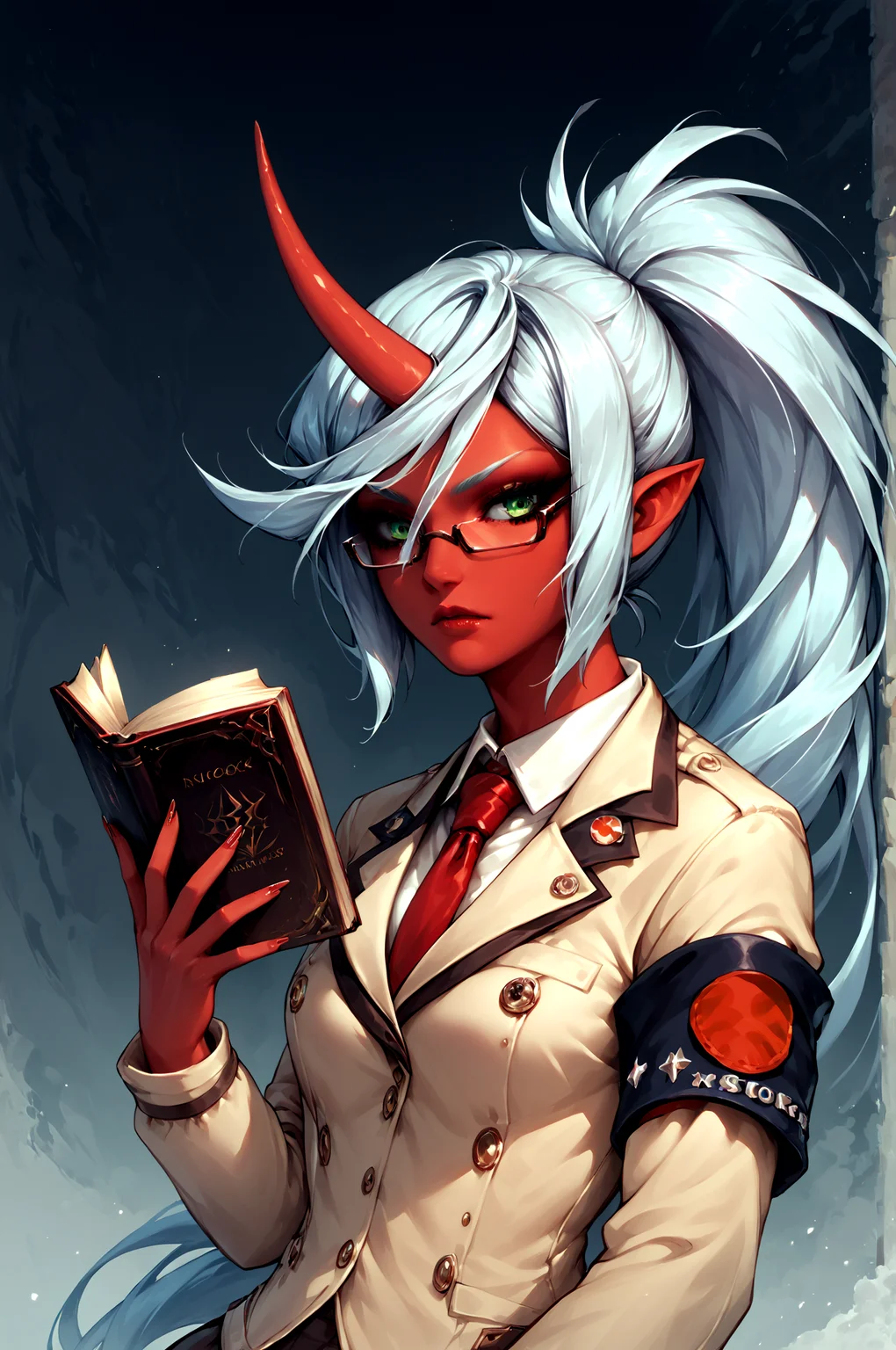 score_9,score_8_up,score_7_up, <lora:KneesocksPonyV2-100per-000007:0.99> psgkneesocks, demon_uniform, ponytail, glasses, red_tie, green_eyes, holding_book, armband, <lora:text:0.8> text on book cover:"Rulez", (high quality, detailed, beautiful)