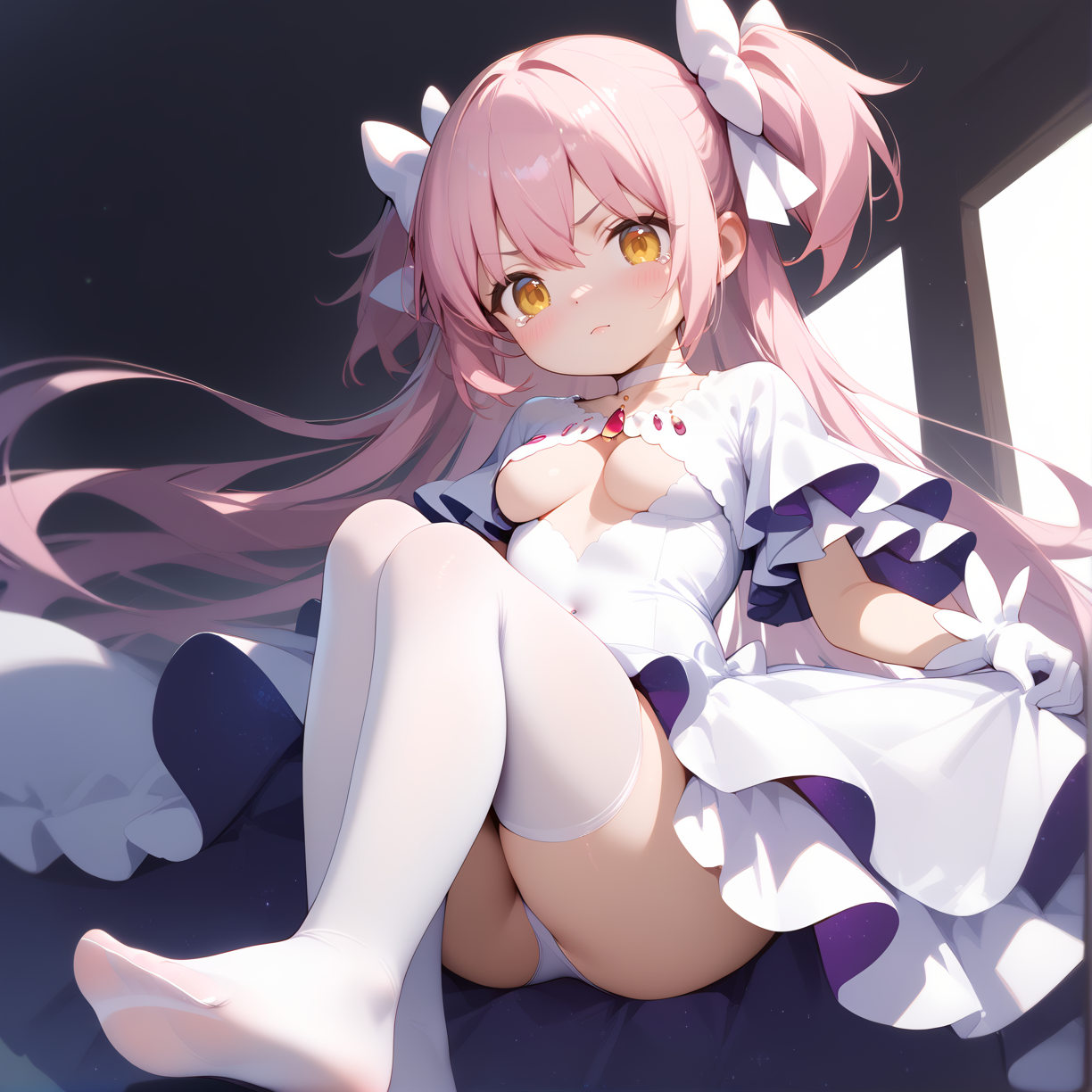 (score_9,score_8_up,score_7_up) BREAK uncensored BREAK 1girl,solo,(medium breasts:1.4),
disgust,scowl,closed mouth,tears,eye contact,looking_at_viewer,
BREAK
BREAK feet,(foot_focus:1.3),(povfeet:1.6),
BREAK
BREAK
BREAK <lora:age_slider_v4:-4>,
BREAK
BREAK
BREAK <lora:madoka_god:1>,
(ultimate madoka,kaname madoka,long hair,pink hair,very long hair,bangs,hair between eyes,two side up,white bow,yellow eyes),(choker,white choker,gloves,white gloves,underboob,underwear,clothing cutout,cleavage cutout,covered navel,wide sleeves,frills,dress,white dress,frilled dress),(thighhighs,white thighhighs),