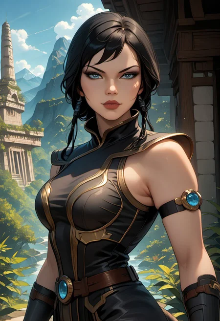 ((zPDXL3)), score_9, score_8_up, score_8, (sexy:2.5), Fantasy, perfecteyes, ultra detailed, high resolution, high quality, masterpiece, intricate details, intricate body, intricate landscape, knva, Expressiveh, European Instagram Model, upper body shot, low light, temple, mountaintop temple,
BREAK
Character: 1girl, solo, source_cartoon, mature female, sateleshandg, black hair, blue eyes, 
Clothing: armor, thigh boots, belt, 
Character Pose: confident stance, cocked hip, cowboy shot, beautiful, full lips, looking at viewer, closed mouth,
<lora:4th_tail_v0.3_lora_extract_l:0.60>