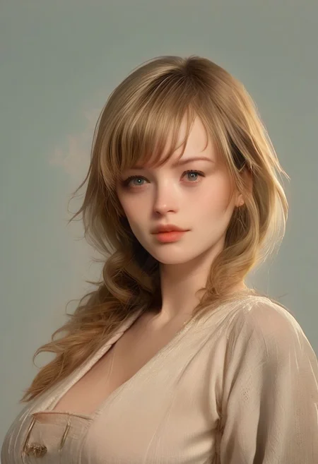score_9, score_8_up, score_7_up, raw, Expressiveh, highly detailed, realistic painting of 20 yo Guin, detailed eyes, pale skin, innocent expression, ((big head)), small body, natural skin texture, (((full lips))), ((blonde hair)), thick braid, bangs, side curls,sweet, very detailed face, ((very huge breasts)), sagging breasts, dry skin, black eyeliner, she is dressed in 19th century style, photorealistic portrait
