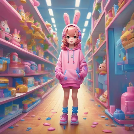 ((chased by fbi agents)), pipkin pippa, bunny ears on girl, hoodie, hair ornament, standing, from front, socks, masterpiece, best color composition, blue and pink hoodie,  <lora:Pippa Pipkin XL1.0:0.8>,